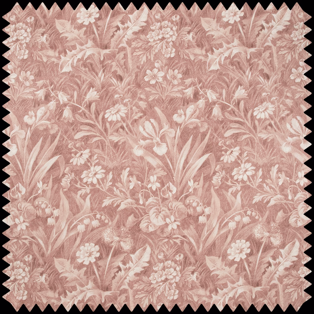 Dusty rose floral fabric with pale flowers, leafy stems and a softly textured surface