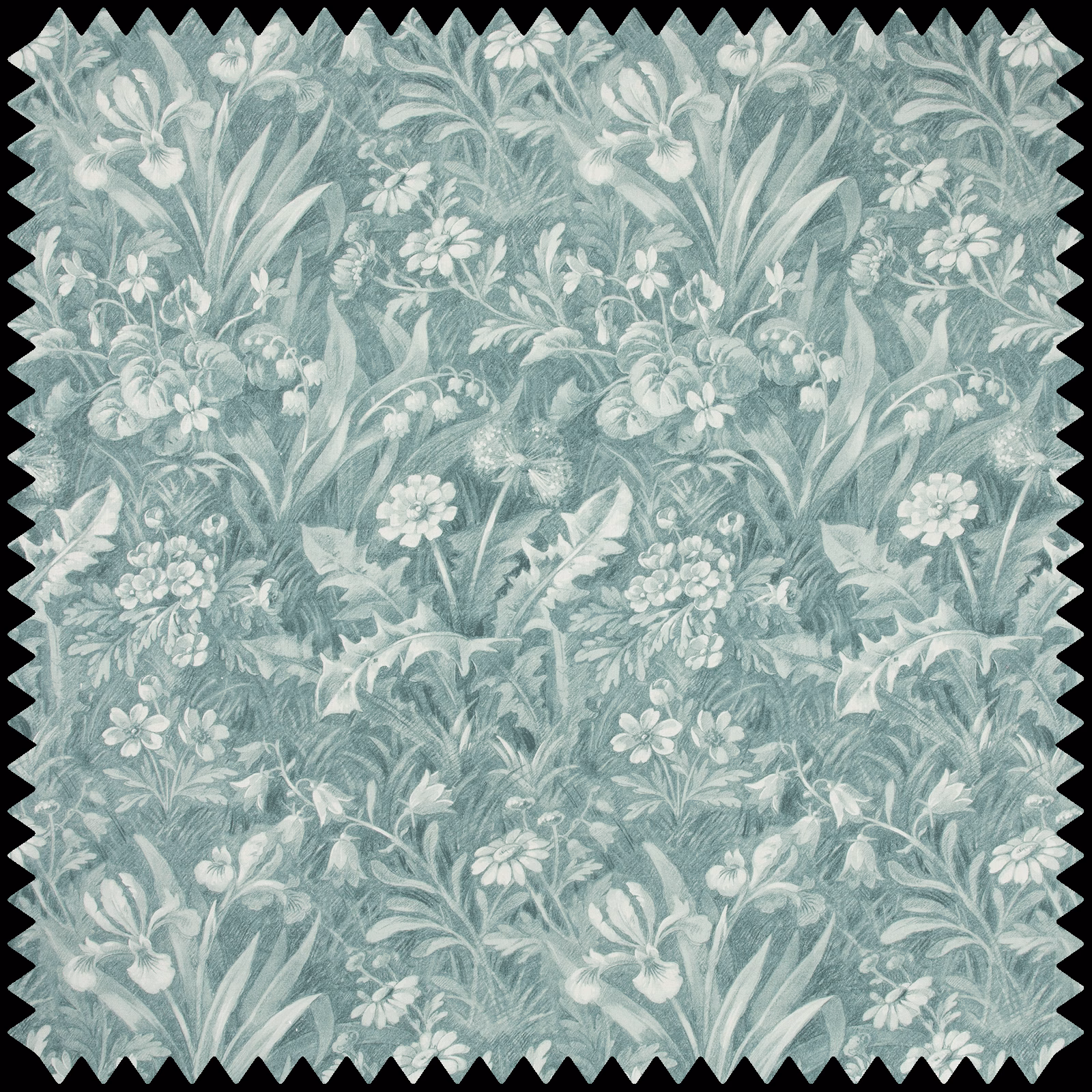 Muted sage-teal botanical fabric with ivory flowers, leaves and fine foliage detail