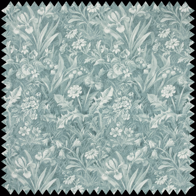 Muted sage-teal botanical fabric with ivory flowers, leaves and fine foliage detail