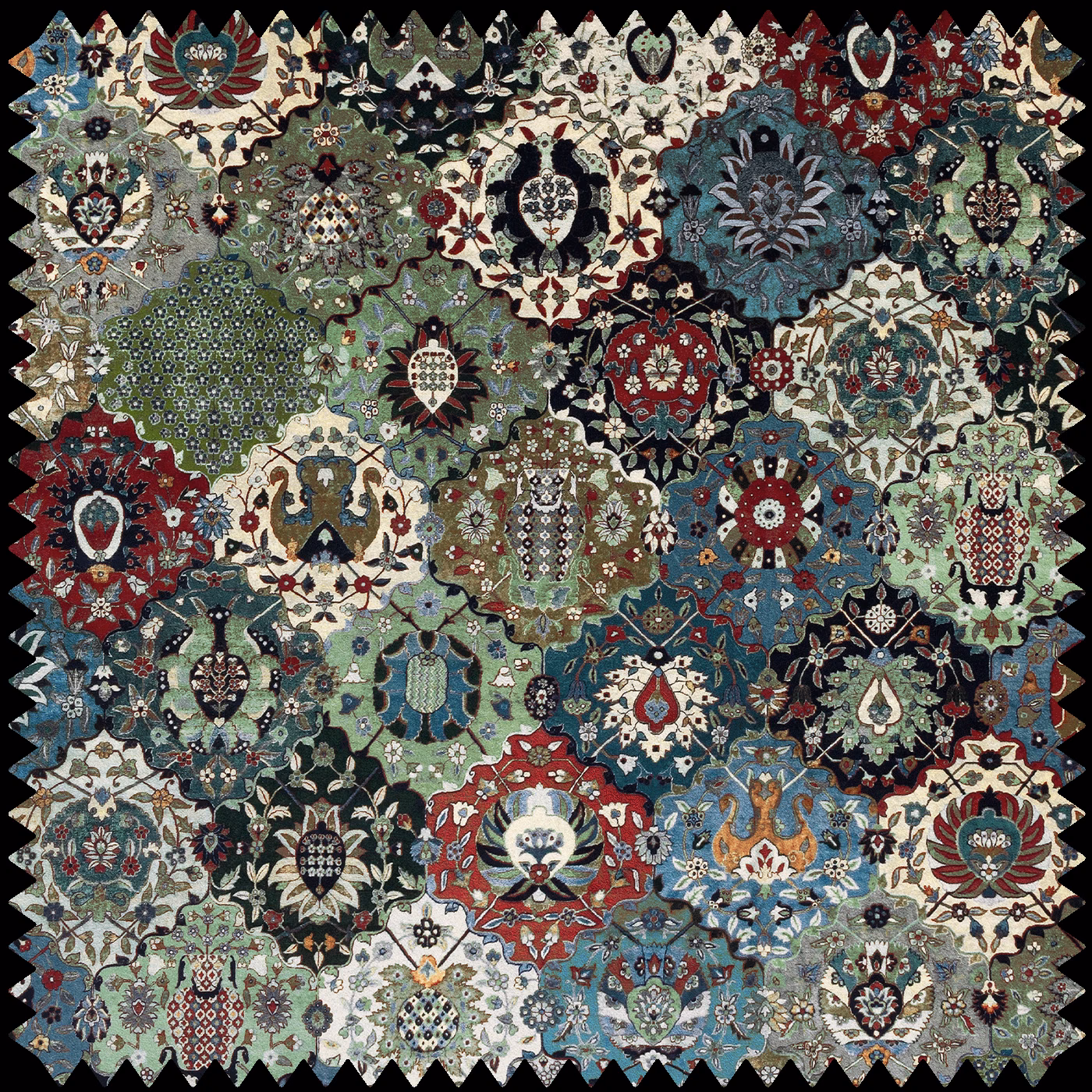 Deep forest-green velvet with dense cream, teal, red and floral medallion motifs
