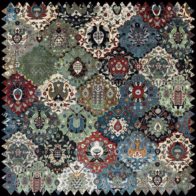 Deep forest-green velvet with dense cream, teal, red and floral medallion motifs