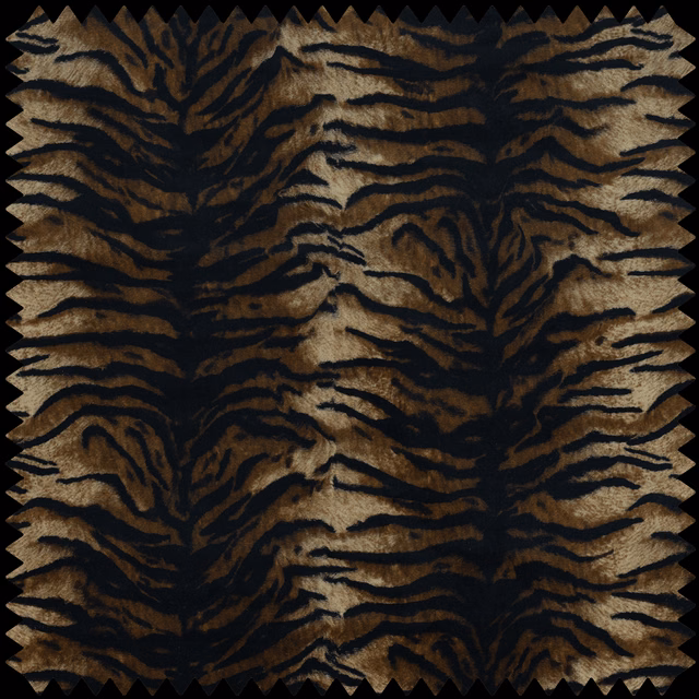 Cocoa-brown velvet with bold black tiger stripes and a plush, light-catching pile