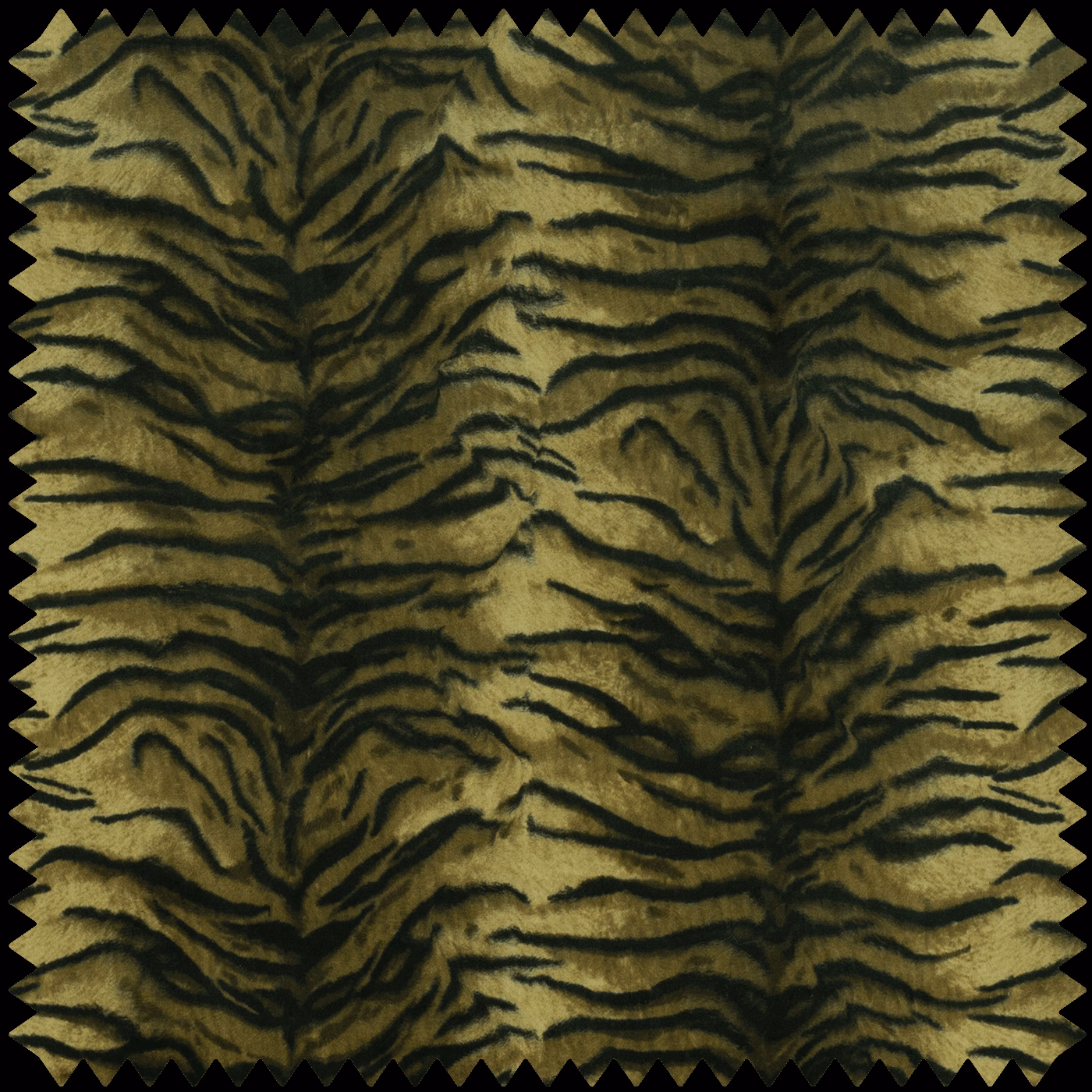 Olive umber velvet with black, tiger-like organic stripes and a softly textured pile