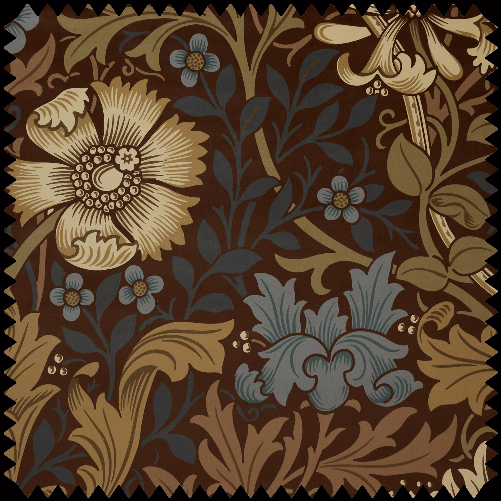 Dark bark-brown velvet with large cream flowers and blue-grey botanical foliage
