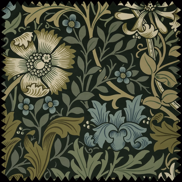 Dark Verde velvet with oversized cream flowers, olive foliage and blue-grey blooms