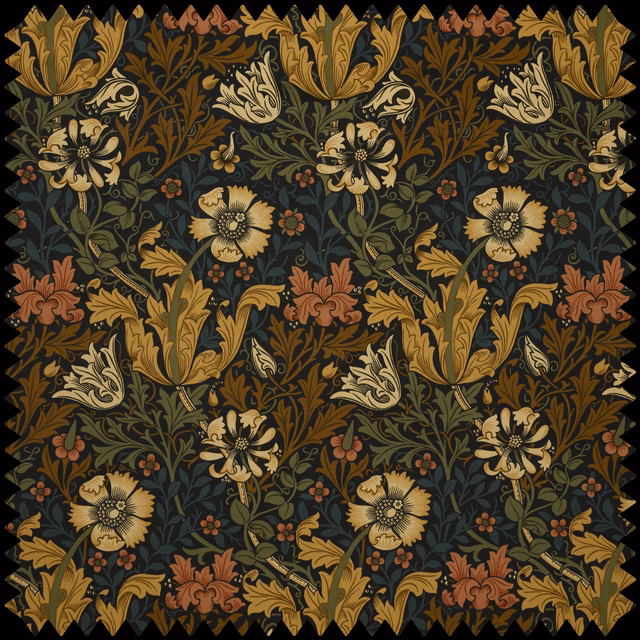 Midnight velvet with ochre lilies, rust flowers and scrolling olive foliage