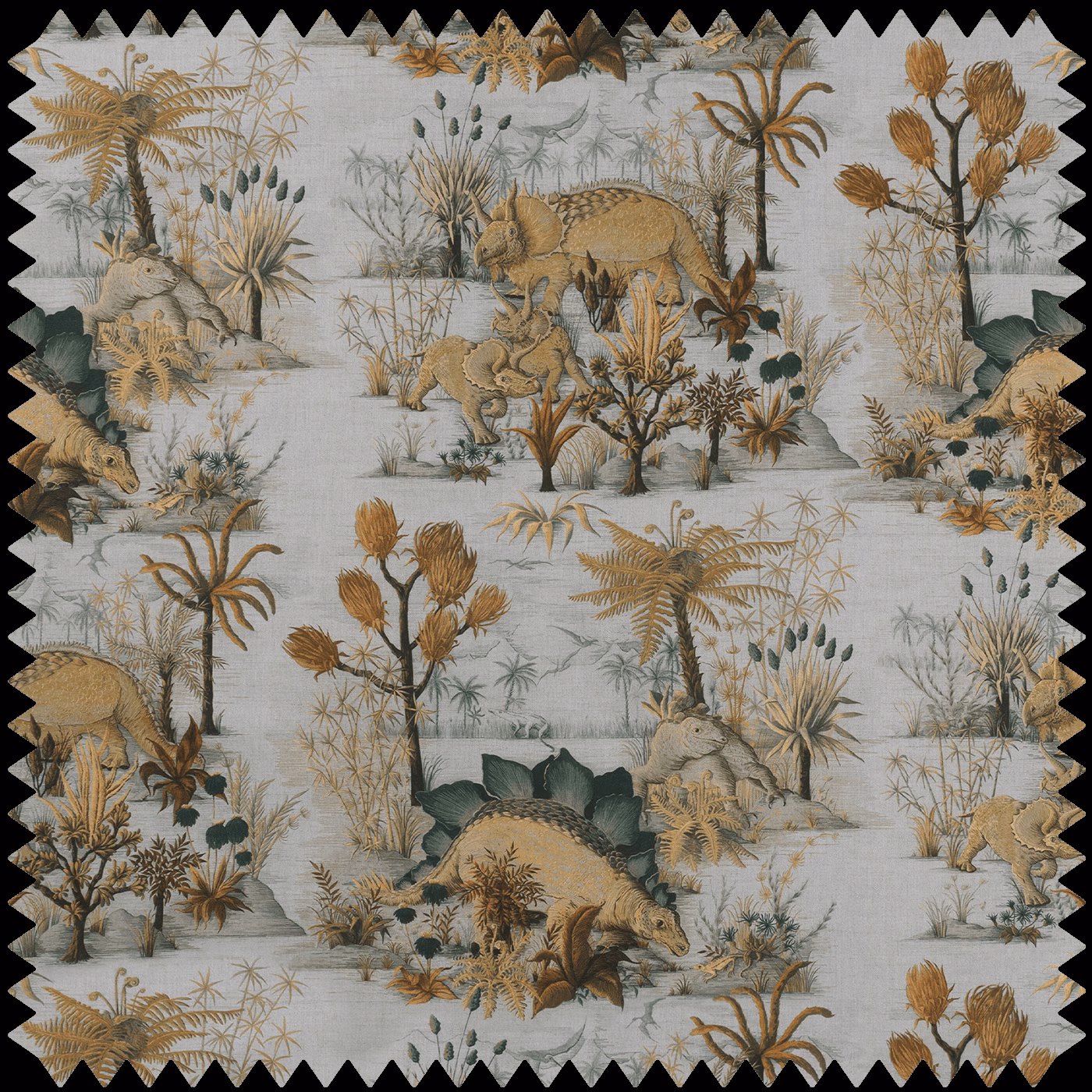 Pale blue-grey dinosaur landscape with ochre palms, grasses and botanical motifs