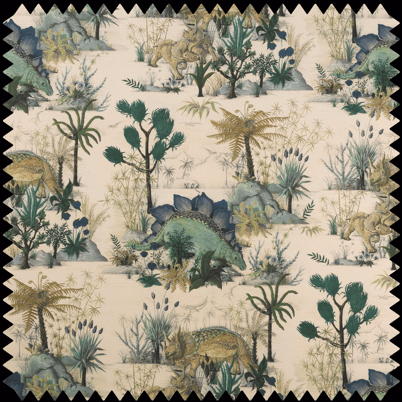 Warm ecru dinosaur and botanical landscape print with muted green, blue and ochre details