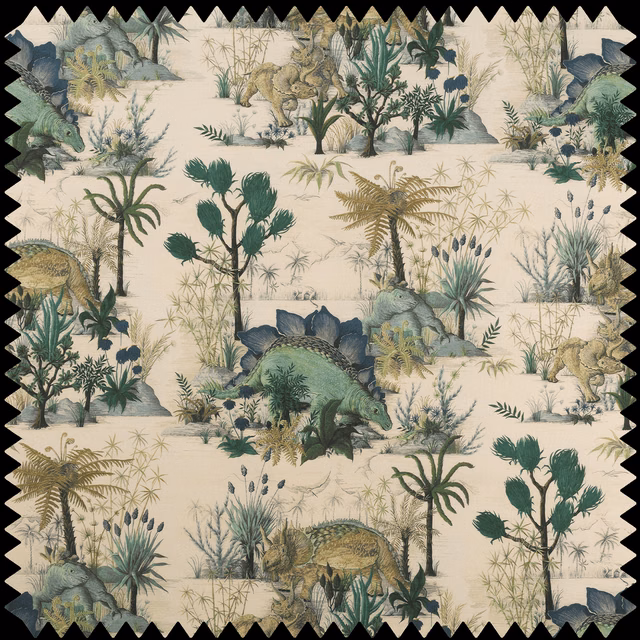 Warm ecru dinosaur and botanical landscape print with muted green, blue and ochre details