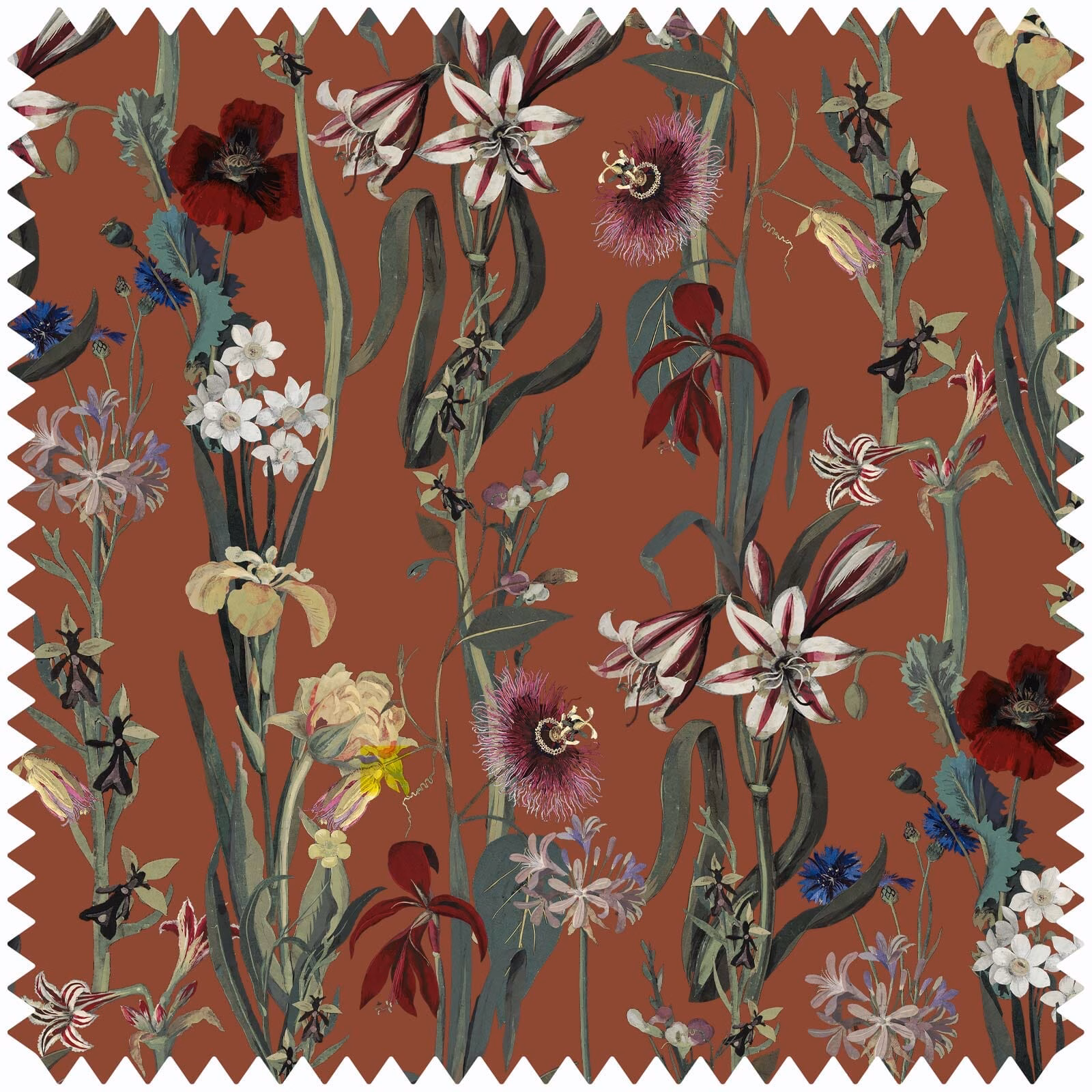 Rust-clay velvet with tall green stems, lilies, burgundy blooms and scattered wildflowers