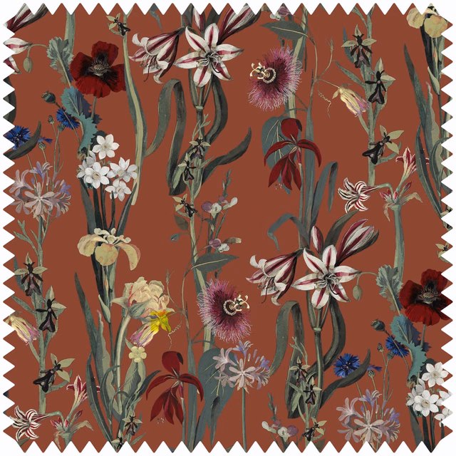 Rust-clay velvet with tall green stems, lilies, burgundy blooms and scattered wildflowers