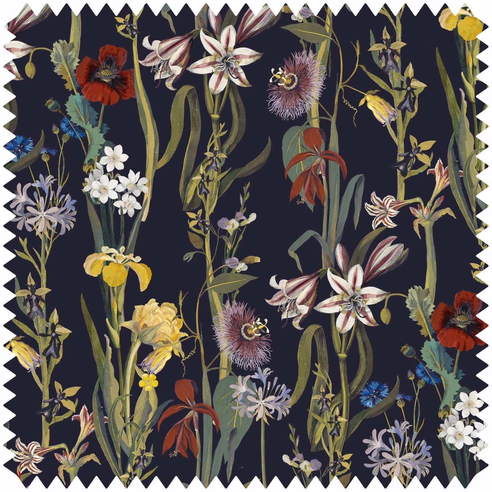 Midnight navy velvet with painterly lilies, irises, poppies and trailing green stems