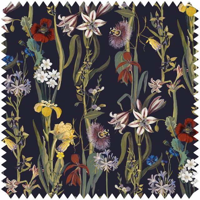 Midnight navy velvet with painterly lilies, irises, poppies and trailing green stems