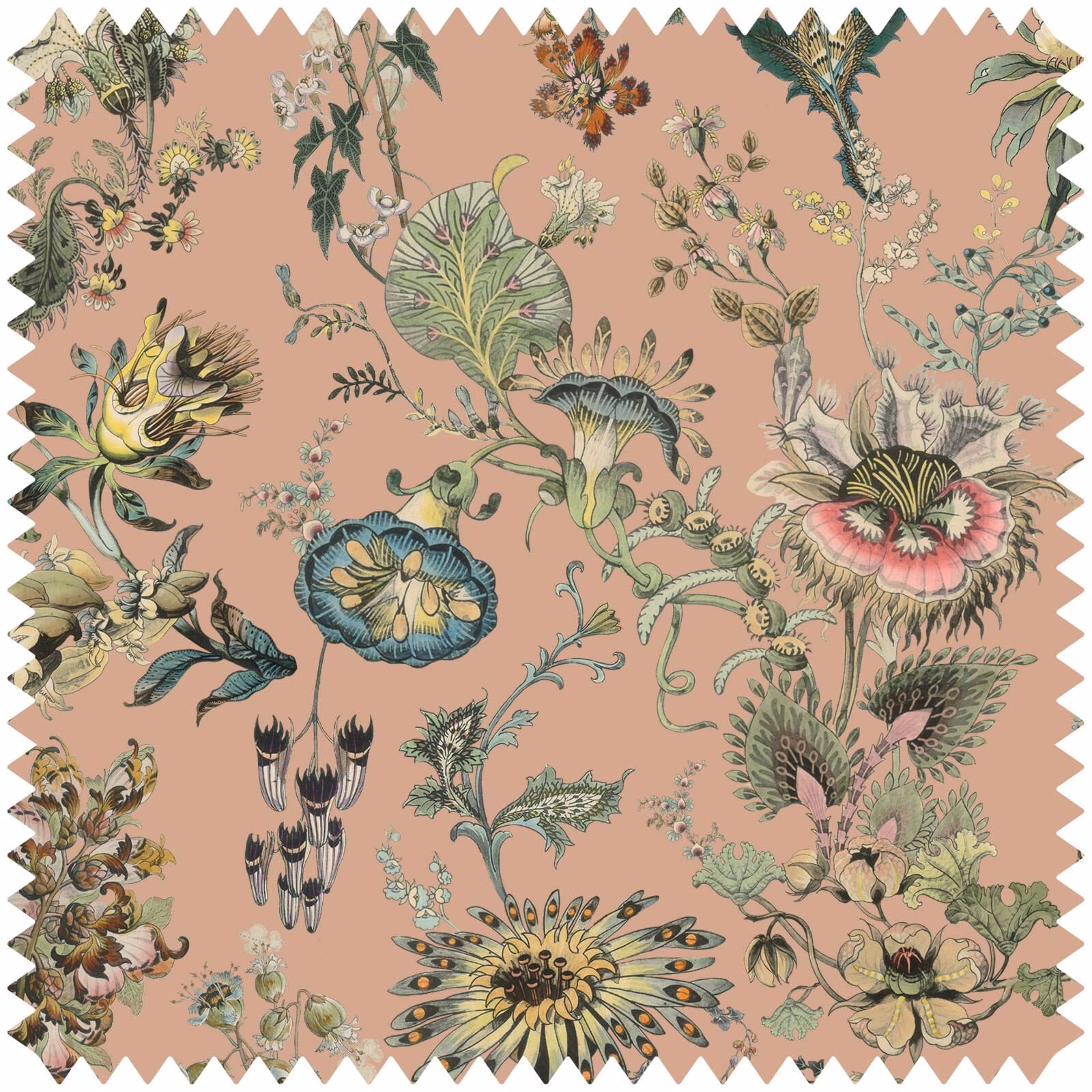Dusty blush pink jacquard with blue-green leaves and multicoloured botanical blooms