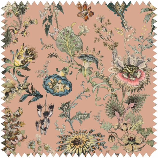 Dusty blush pink jacquard with blue-green leaves and multicoloured botanical blooms