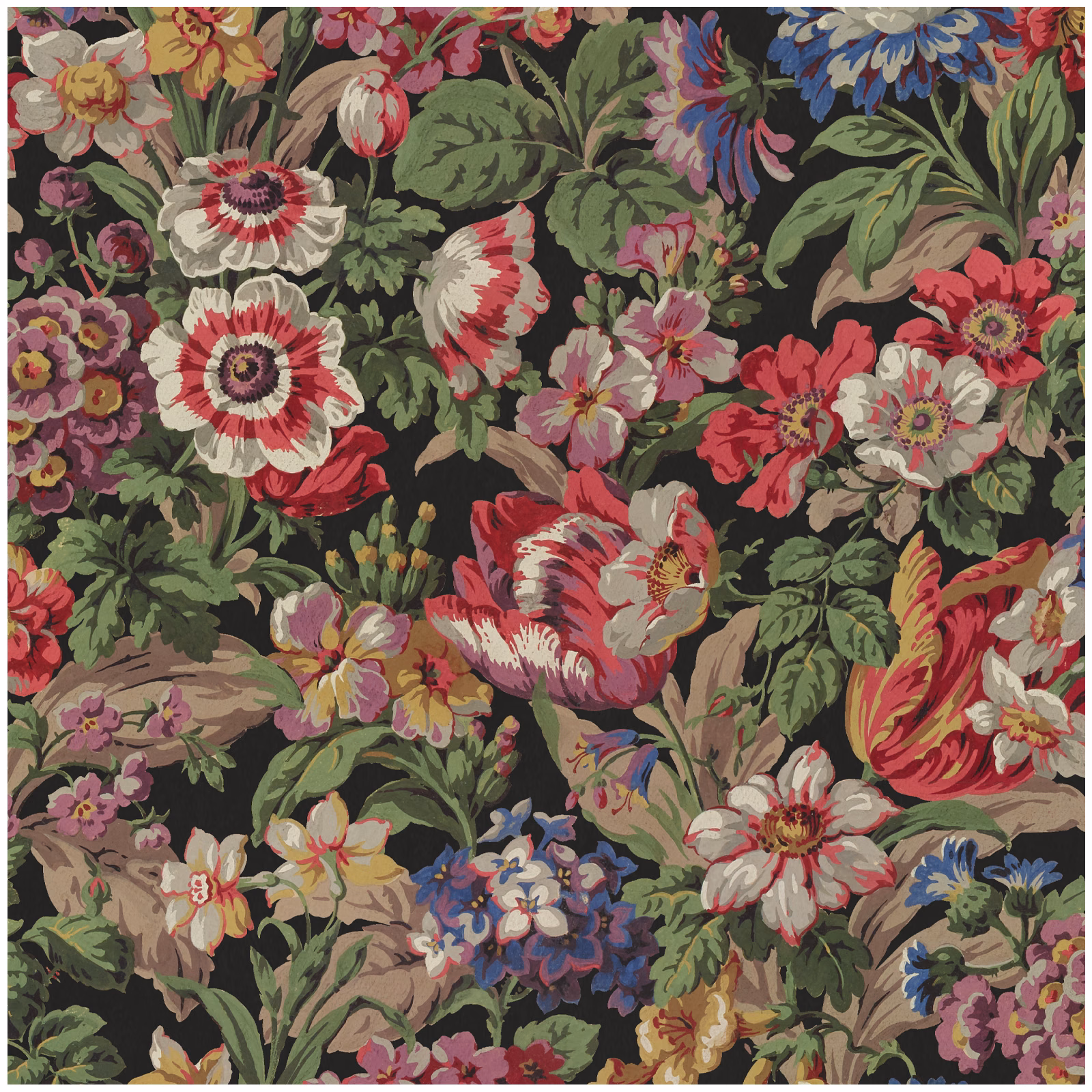 Dense multicoloured floral velvet with scarlet blooms on a near-black ground