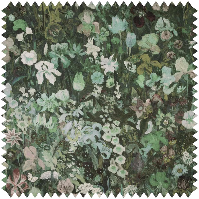 Dense Verde floral swatch with mint blooms, pale petals and deep leafy ground