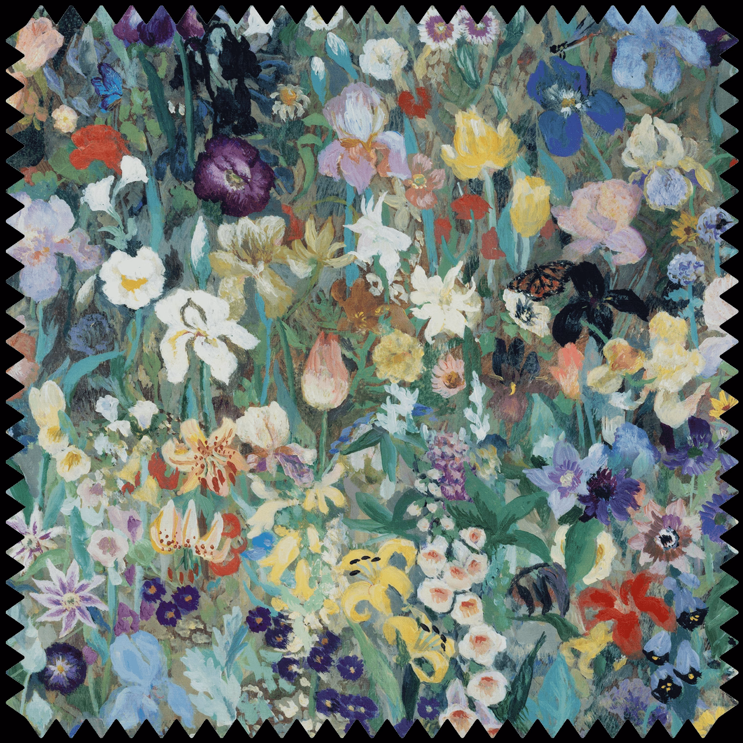 Dense teal garden floral with lilac, yellow, coral and cream blossoms