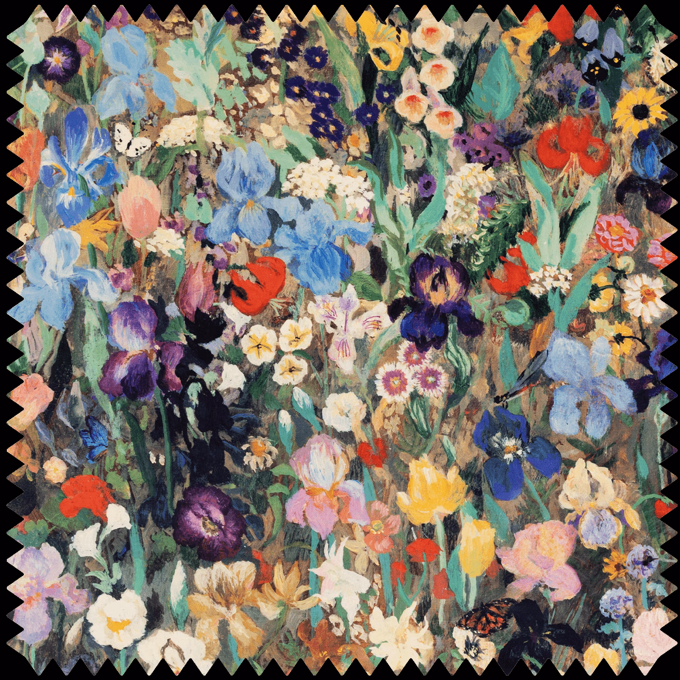 Dense painterly garden of cobalt, scarlet and ochre flowers on a dark ground