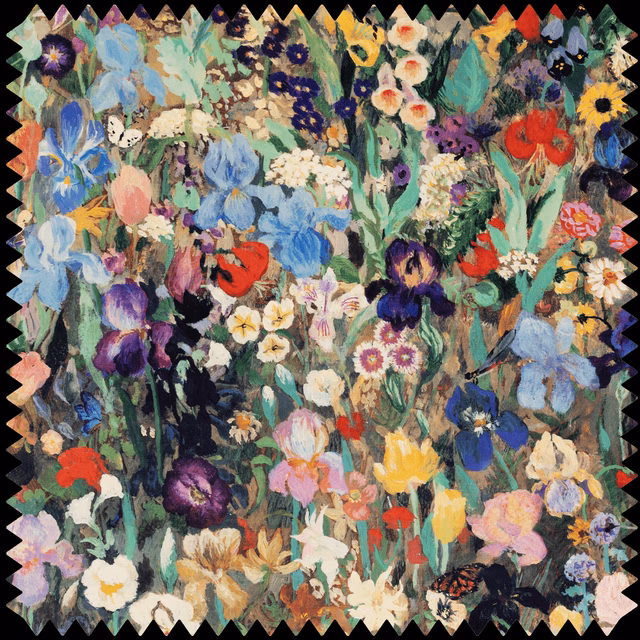 Dense painterly garden of cobalt, scarlet and ochre flowers on a dark ground