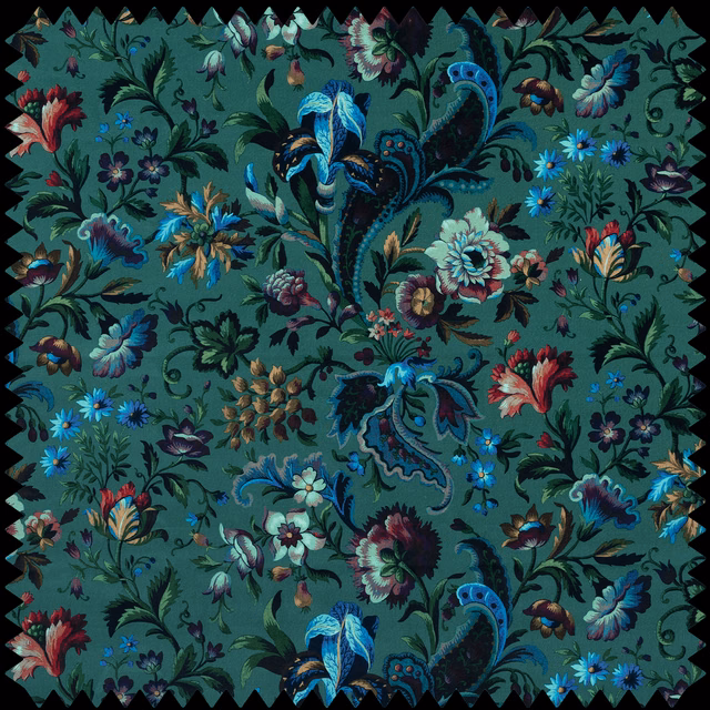 Petrol teal velvet with jewel-toned flowers, paisleys, birds and scrolling foliage