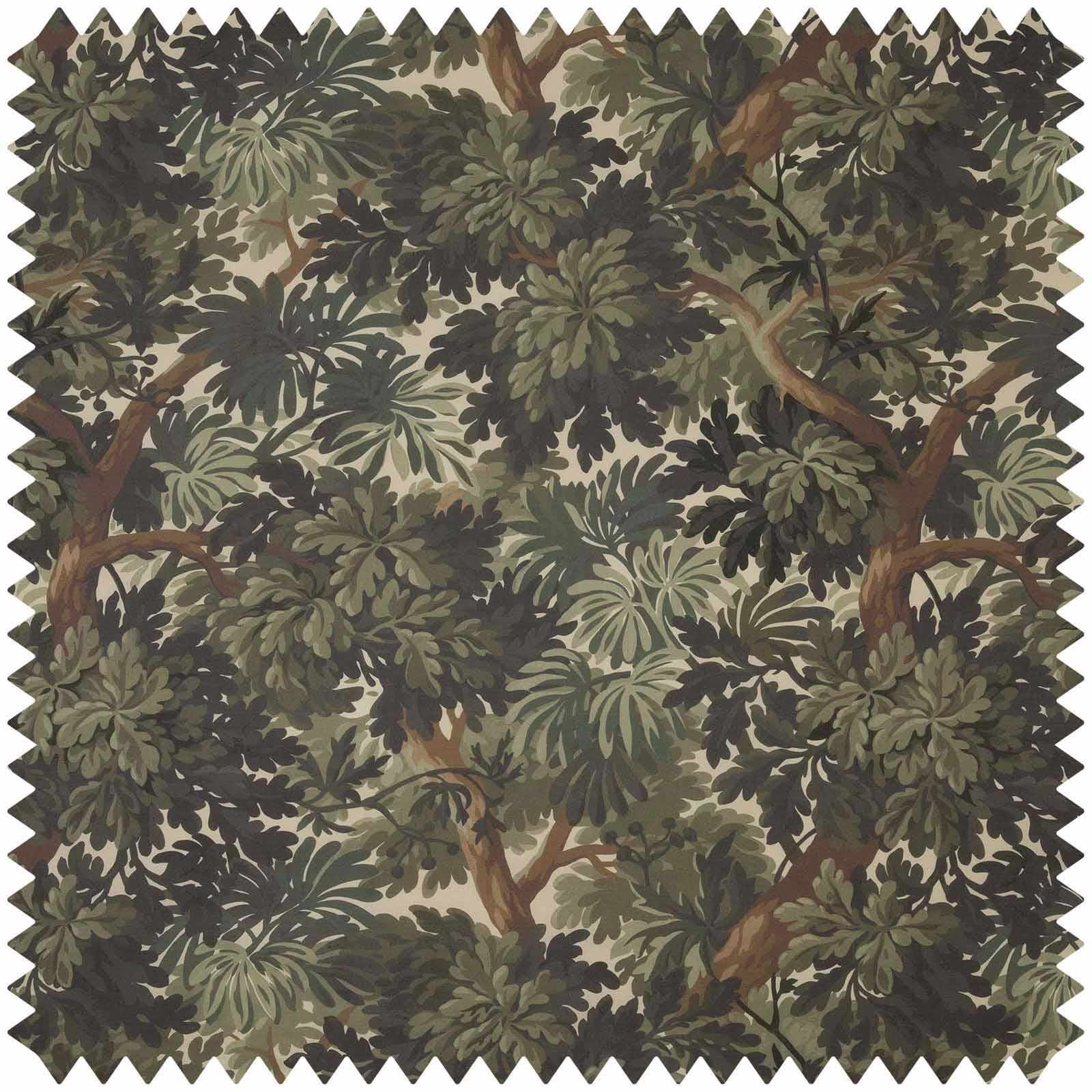 Dense Verdure botanical fabric with deep olive leaves, brown branches and muted cream ground