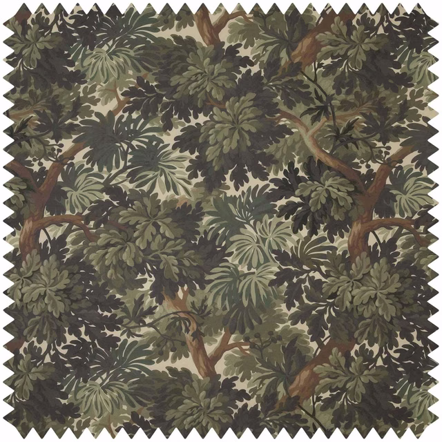 Dense Verdure botanical fabric with deep olive leaves, brown branches and muted cream ground