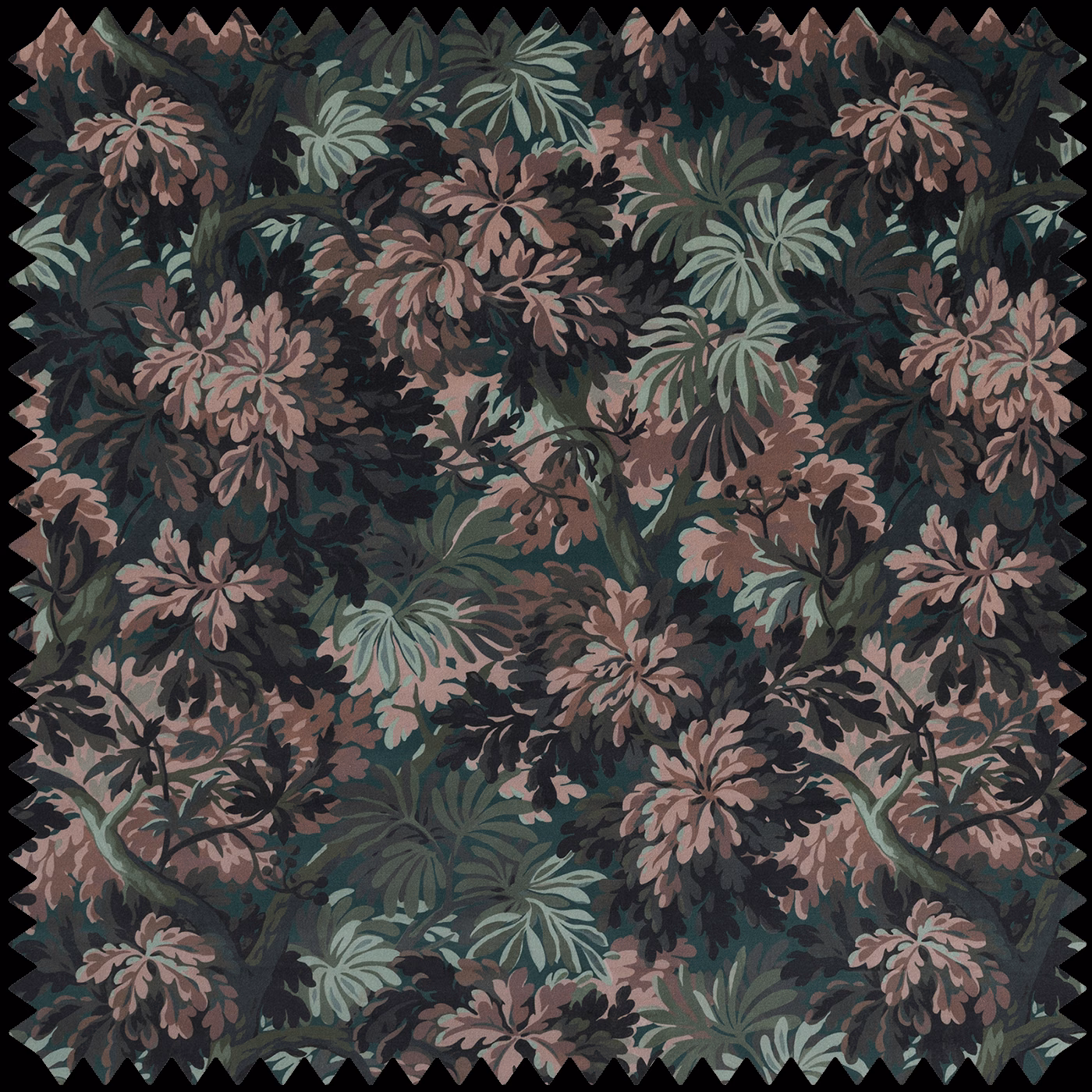 Dense cerulean blue-green floral velvet with dusty rose blooms on a deep charcoal ground
