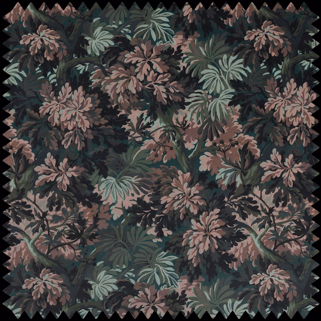 Dense cerulean blue-green floral velvet with dusty rose blooms on a deep charcoal ground