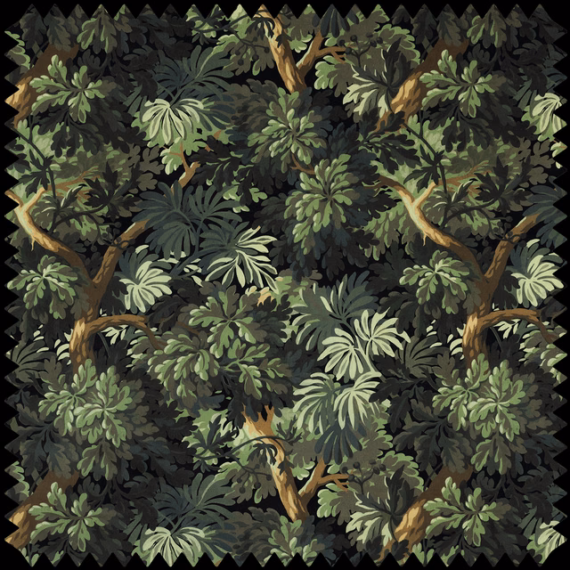 Dense Noir velvet jungle with olive, sage and ochre foliage on black