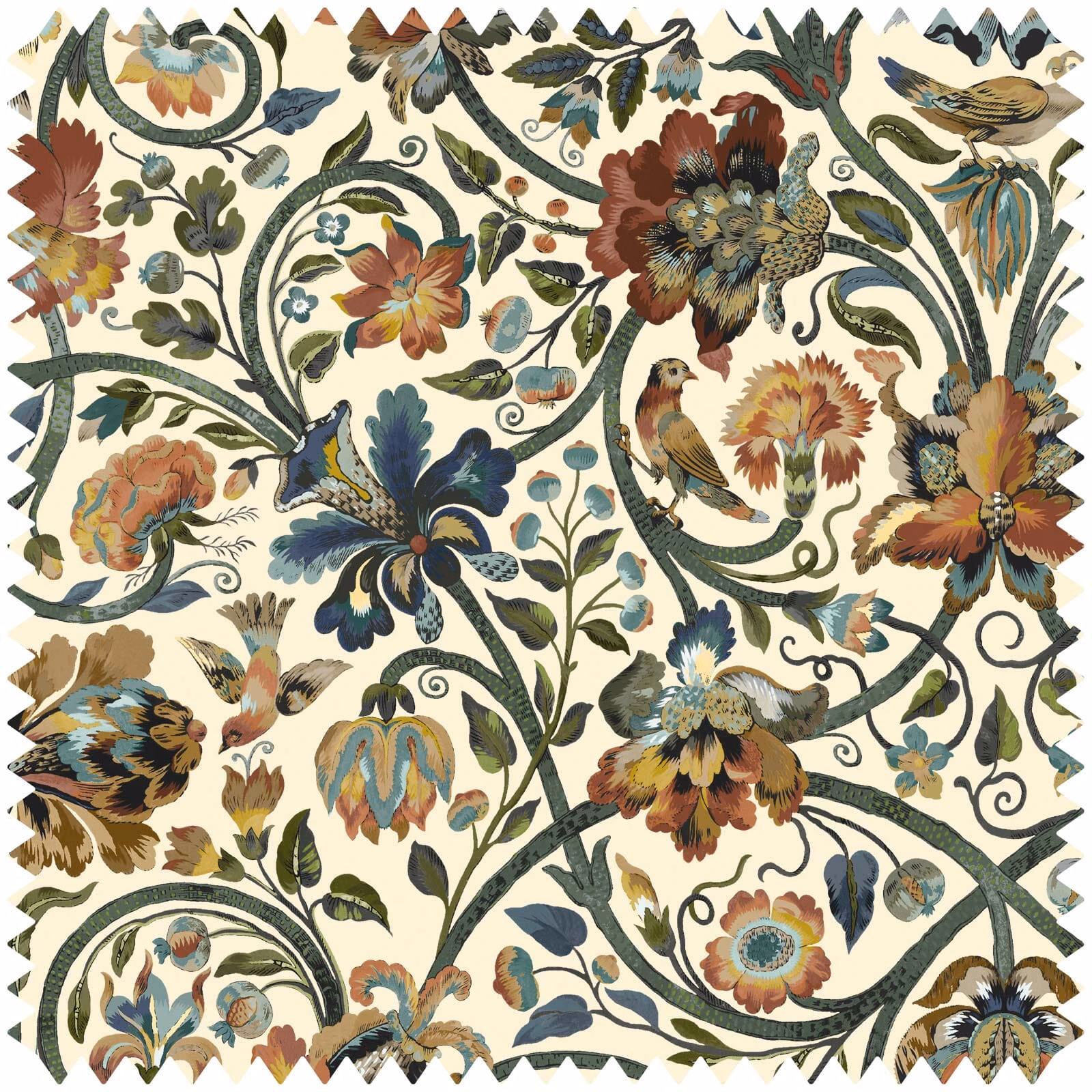 Ecru botanical fabric with rust blooms, teal leaves and curling olive stems