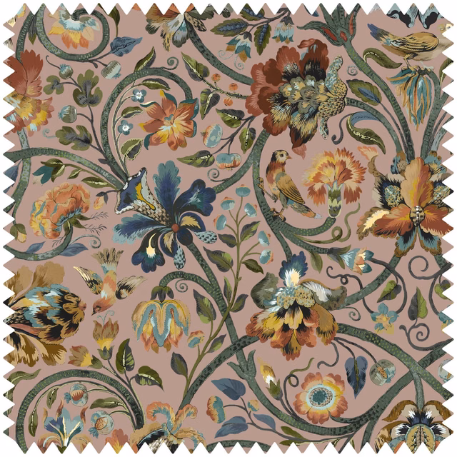 Dusty blush velvet with curling green stems, birds, and richly coloured oversized flowers