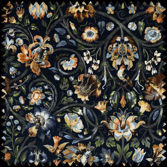 Midnight navy velvet with curling branches and blue, ivory and rust flowers