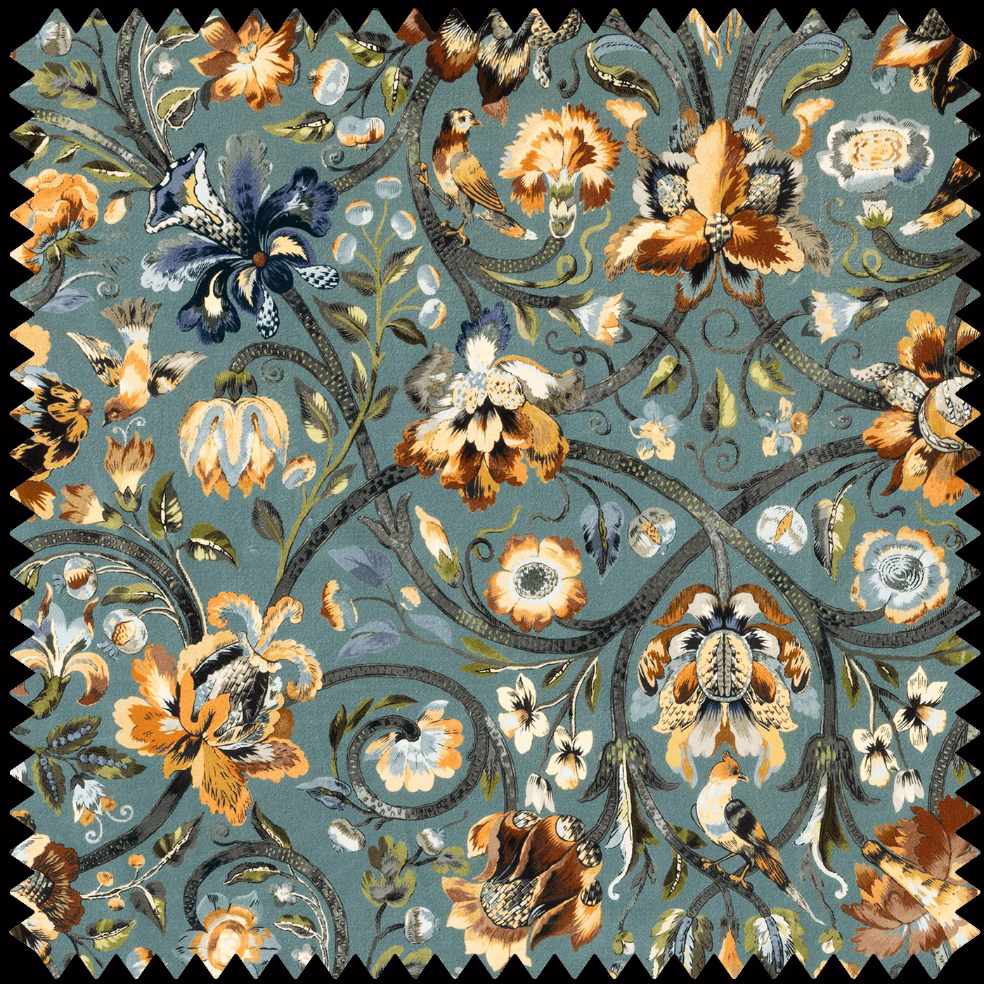 Muted Prussian blue velvet with curling botanicals, birds and rust-ochre flowers