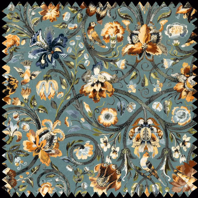 Muted Prussian blue velvet with curling botanicals, birds and rust-ochre flowers