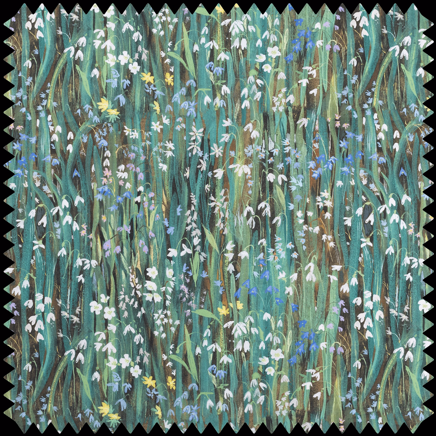 Deep teal-green meadow fabric with white flowers, blue accents and painterly vertical strokes