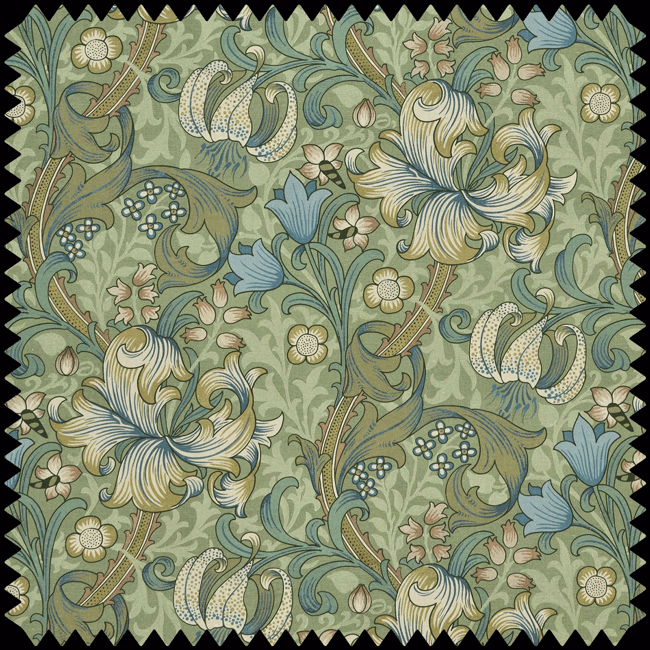 Muted apple-green botanical swatch with blue lilies, curling stems and layered foliage