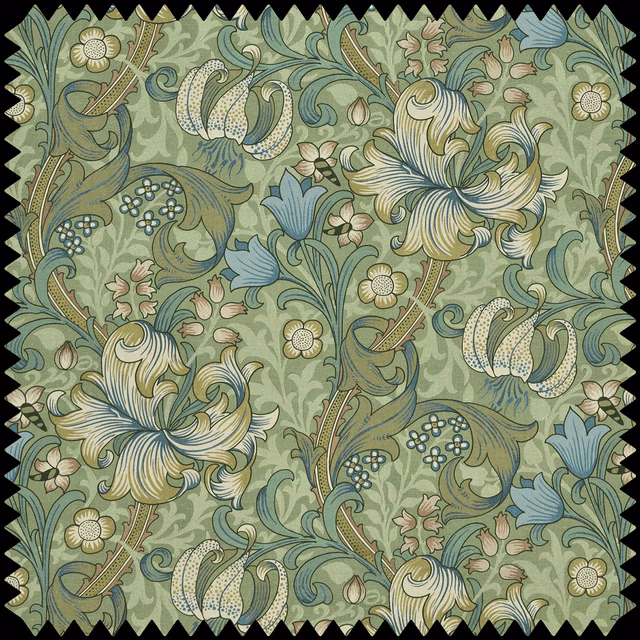 Muted apple-green botanical swatch with blue lilies, curling stems and layered foliage