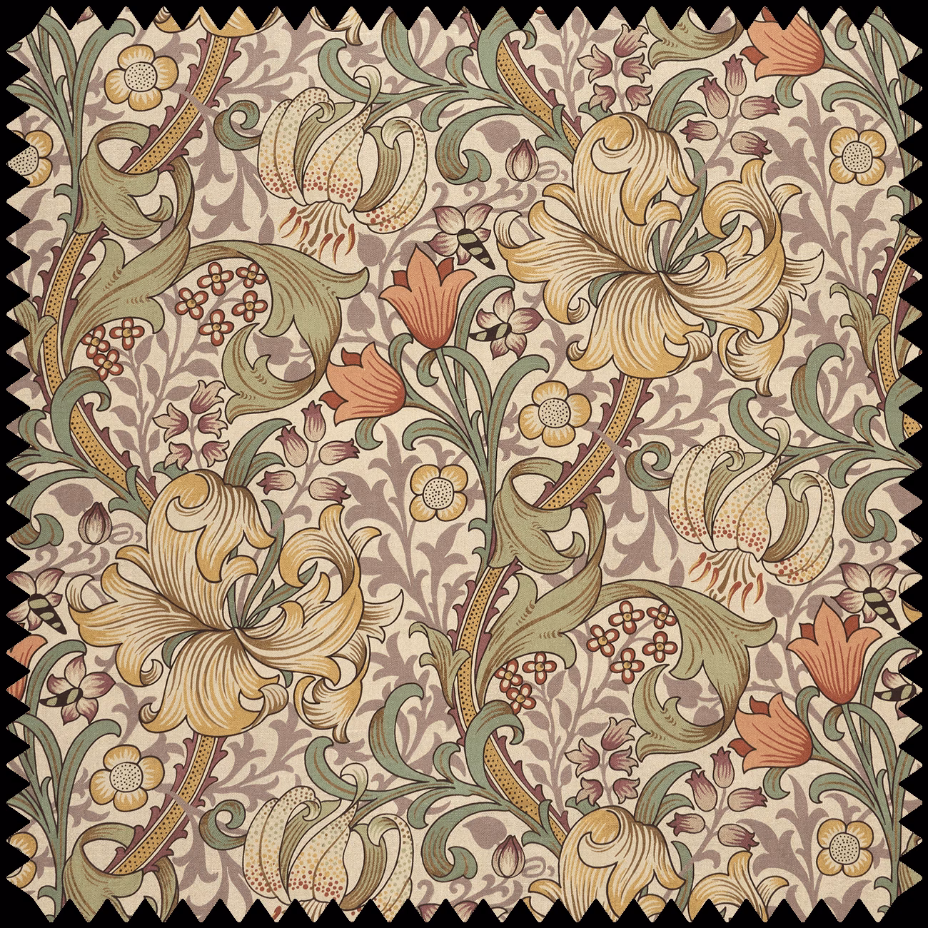 Cirrus floral swatch with golden lilies, sage leaves and terracotta flowers on taupe