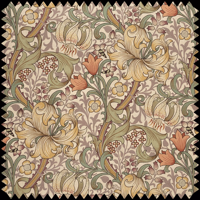 Cirrus floral swatch with golden lilies, sage leaves and terracotta flowers on taupe