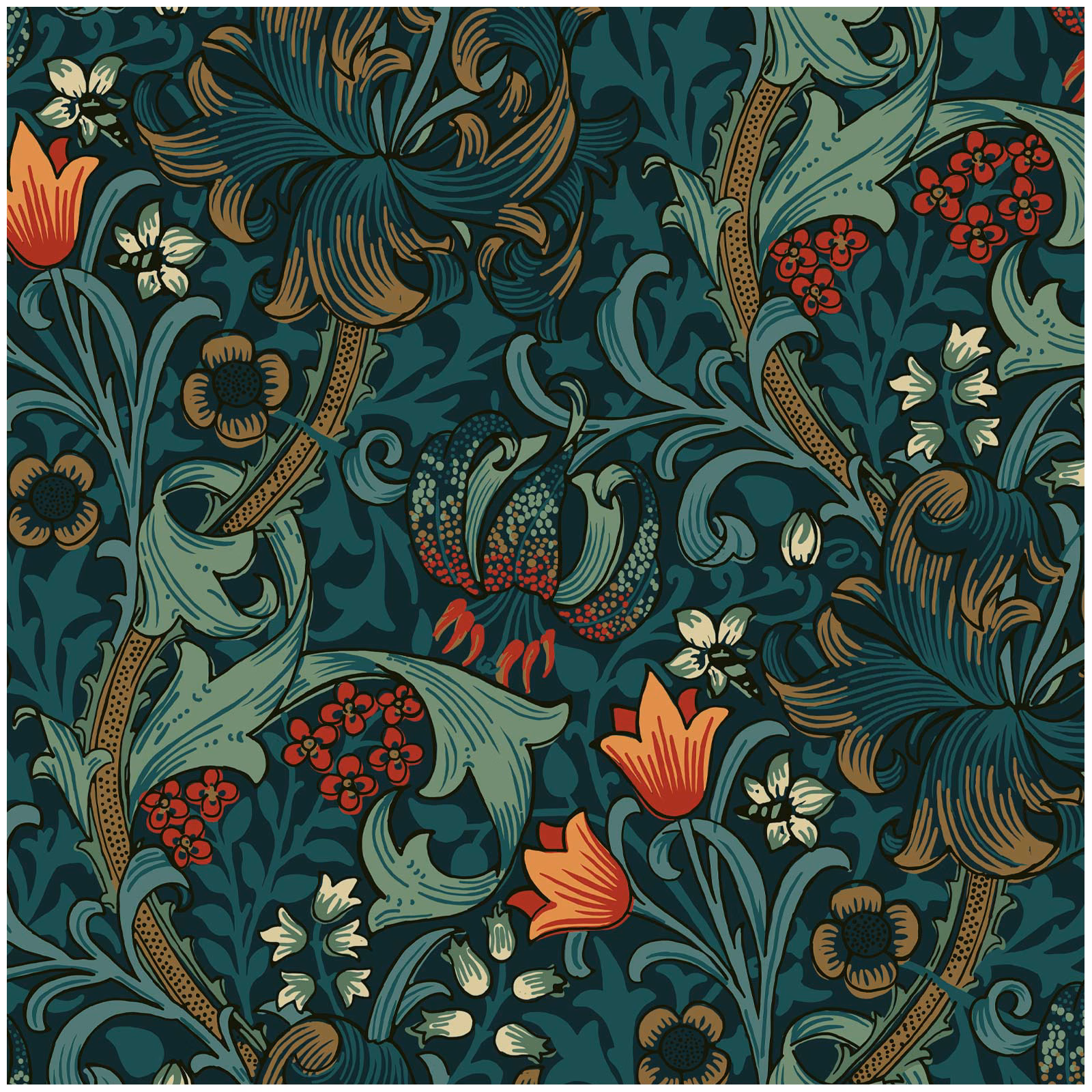 Deep teal botanical jacquard with coral flowers, aqua leaves and ochre foliage