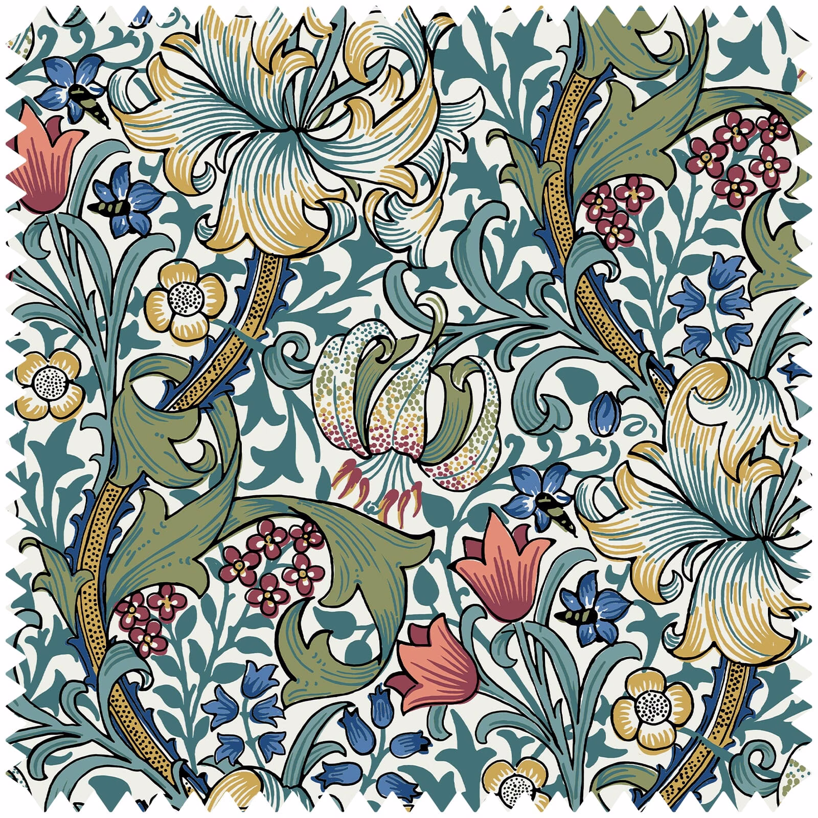 Parchment jacquard with teal foliage, olive leaves, mustard lilies and coral flowers