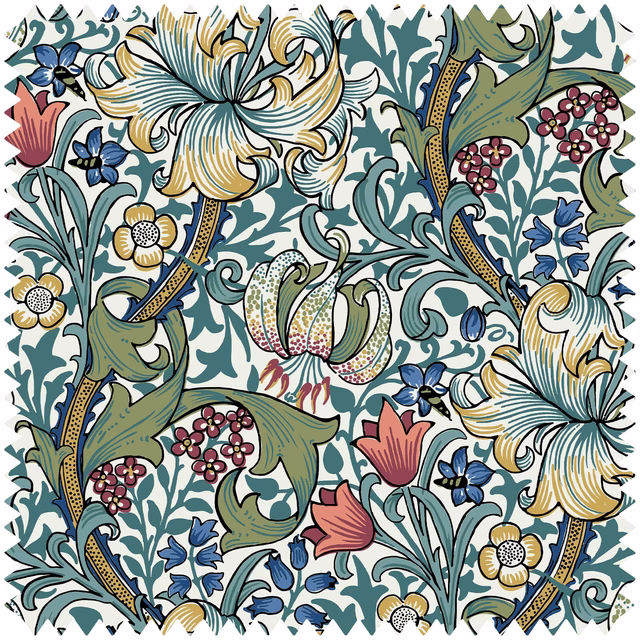 Parchment jacquard with teal foliage, olive leaves, mustard lilies and coral flowers