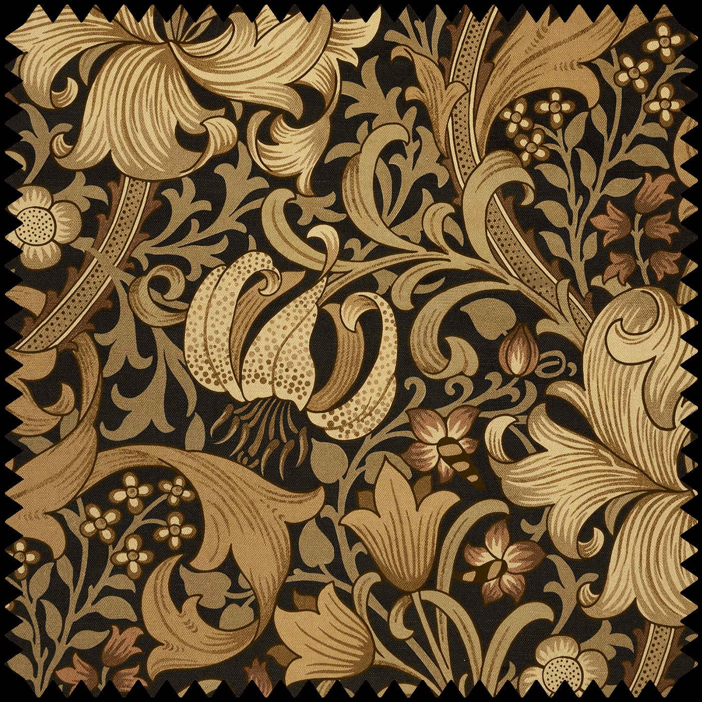 Black velvet with antique-gold lilies, scrolling foliage and muted ochre floral details