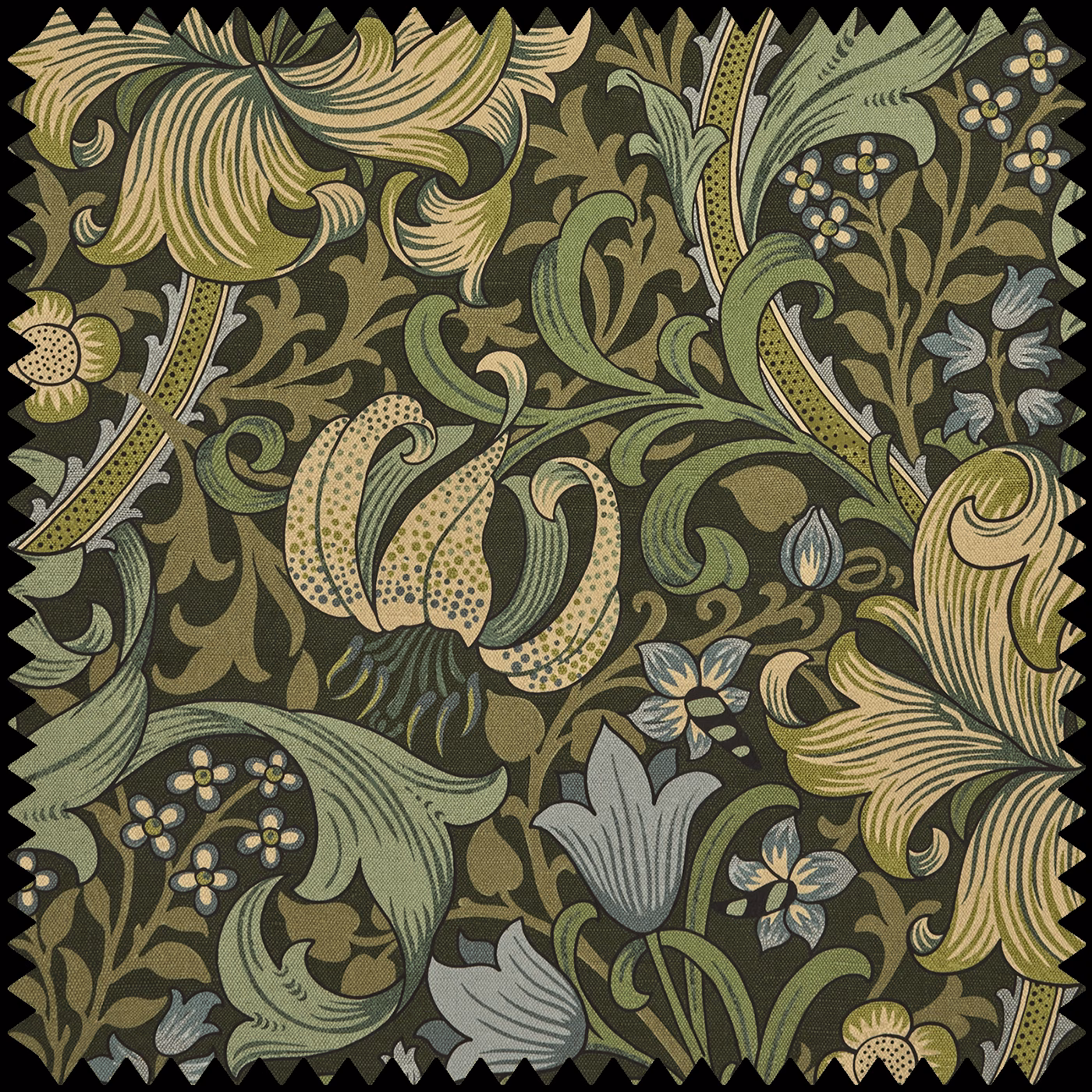 Deep olive velvet with golden lilies, sage foliage and blue-grey botanical flowers