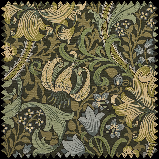 Deep olive velvet with golden lilies, sage foliage and blue-grey botanical flowers
