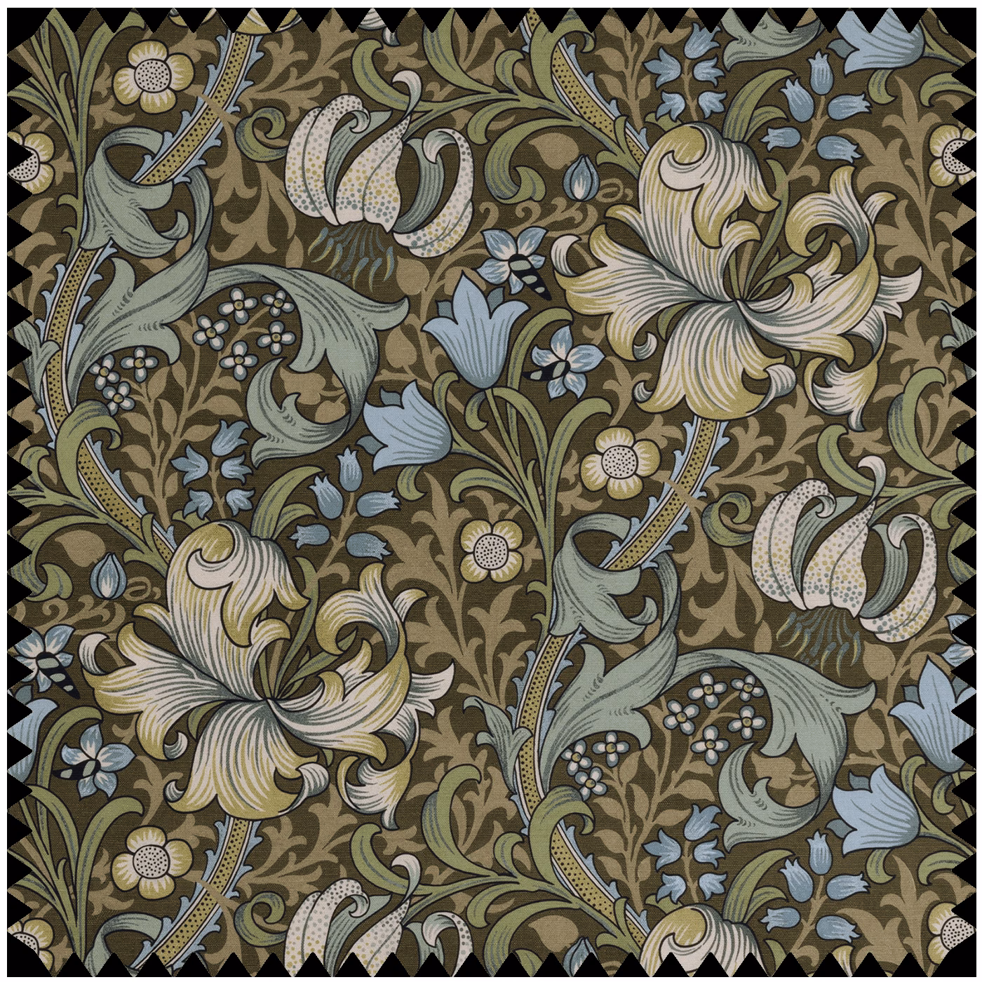 Verde floral swatch with olive ground, ivory lilies and pale blue foliage