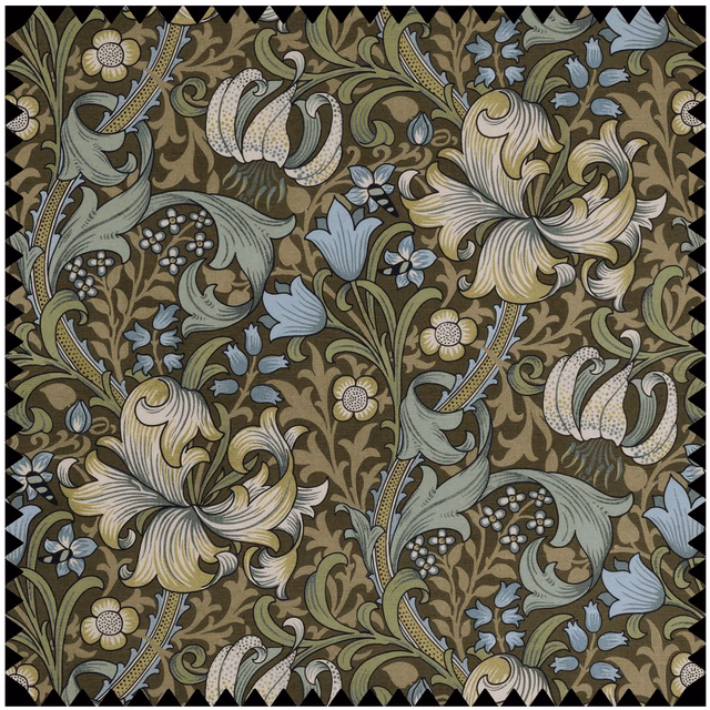 Verde floral swatch with olive ground, ivory lilies and pale blue foliage