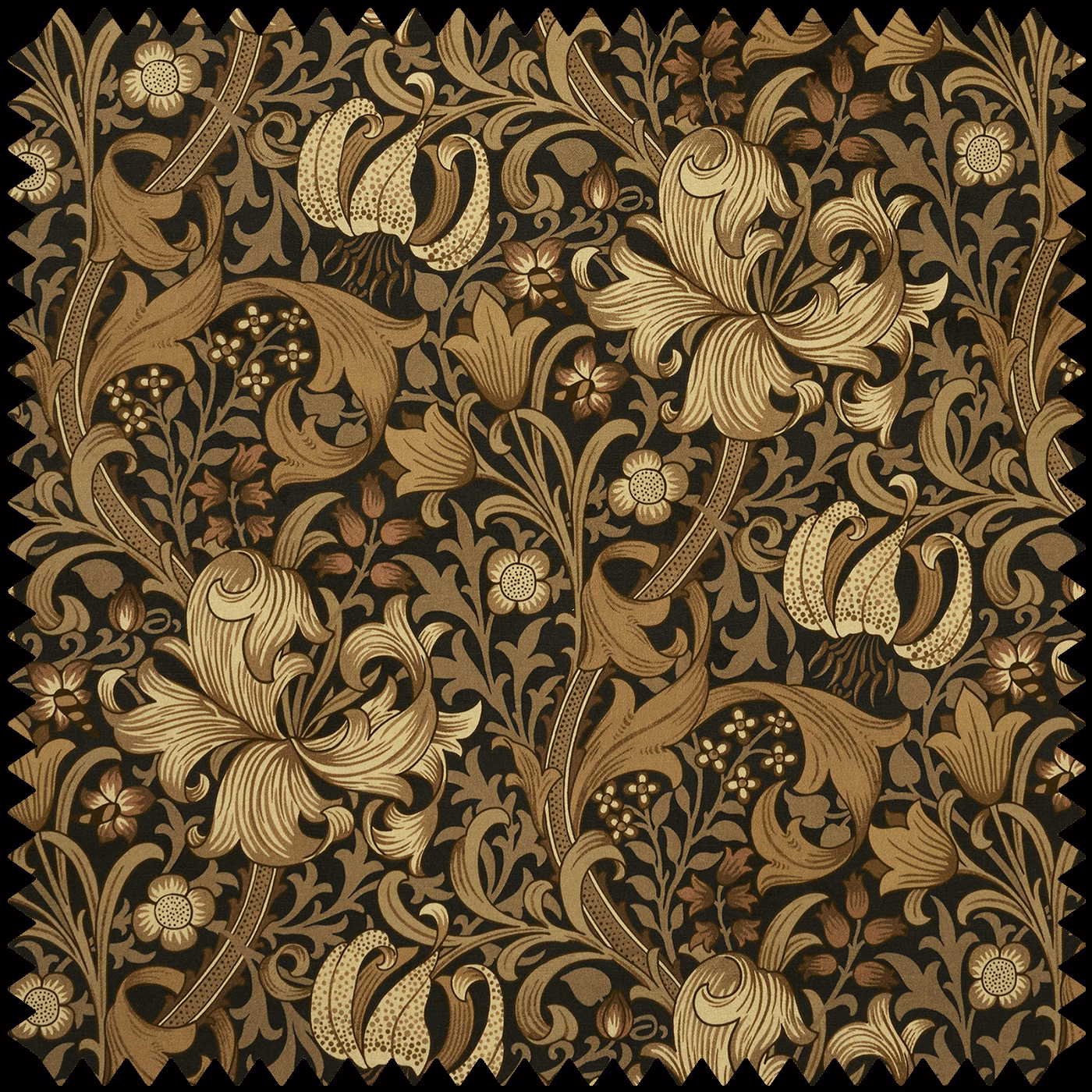 Black velvet with oversized antique-gold lilies, scrolling foliage and paisley blooms