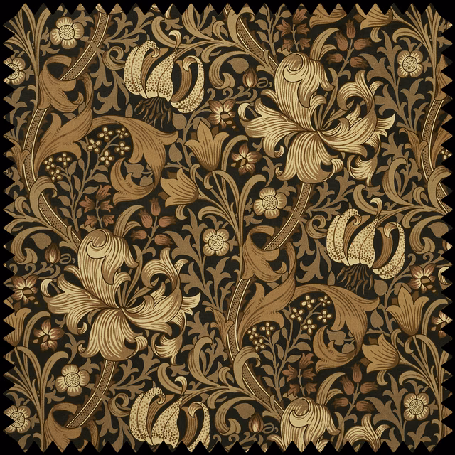 Black velvet with oversized antique-gold lilies, scrolling foliage and paisley blooms